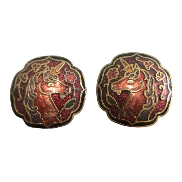 Vintage Jewelry - Unicorn: Cloisonné Vintage Clip Earrings Red